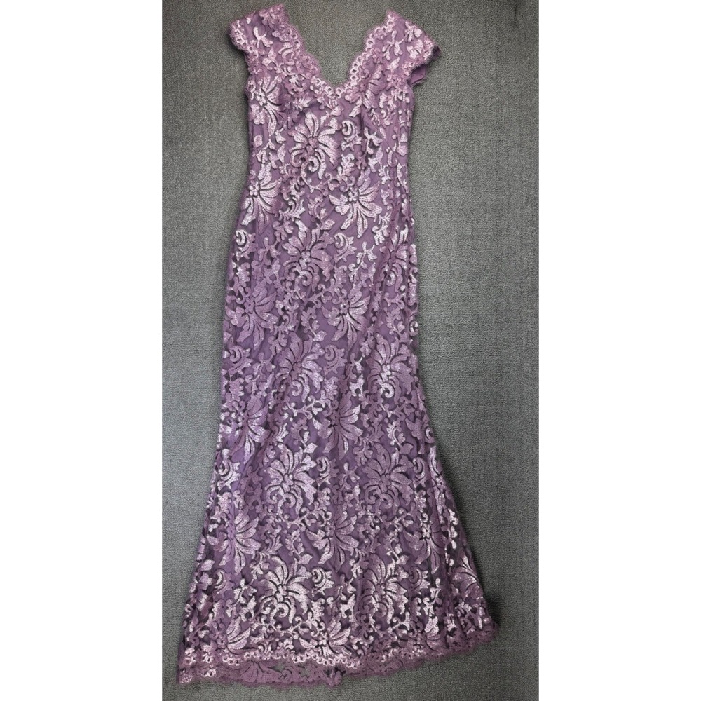 Tadashi Shoji Dress Gown 12 Lavender Purple Floral Sequin Lace‎ V-Neck Maxi